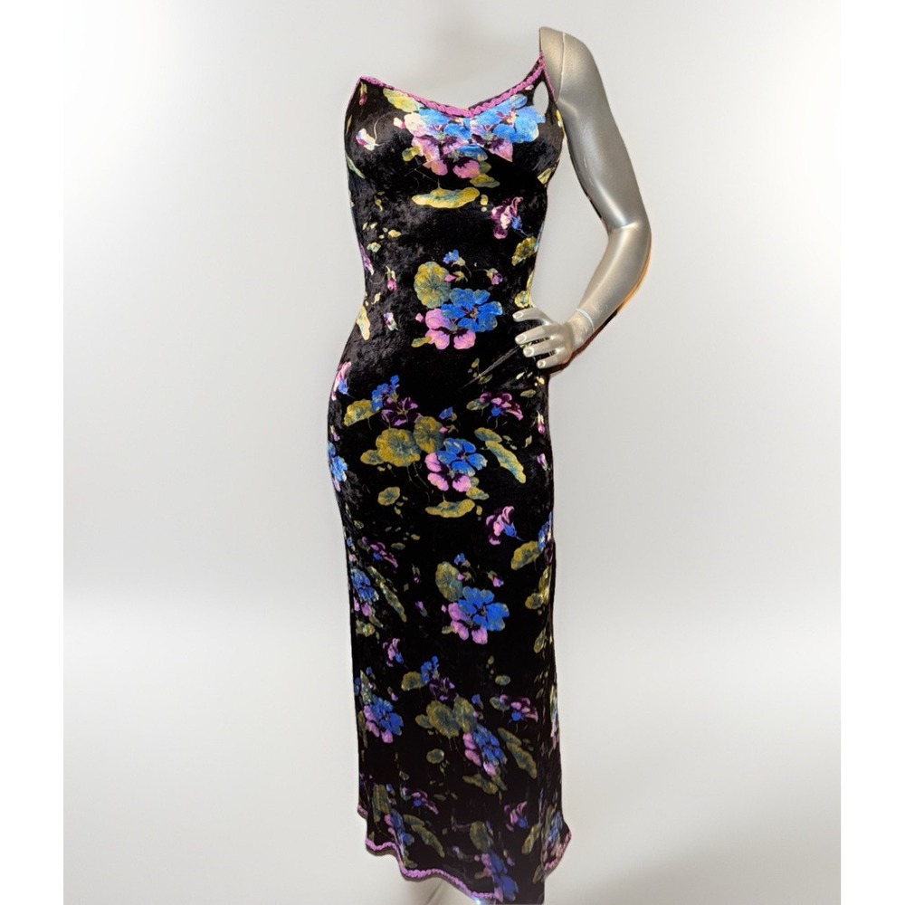 RARE VTG Y2K Betsey Johnson NY Black Floral Velvet Lace Bodycon Slip Dress Y2k P